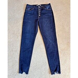 Kancan Skinny Ankle Button Fly Jeans Blue Dark Denim Raw Stretch | Women's 9/28